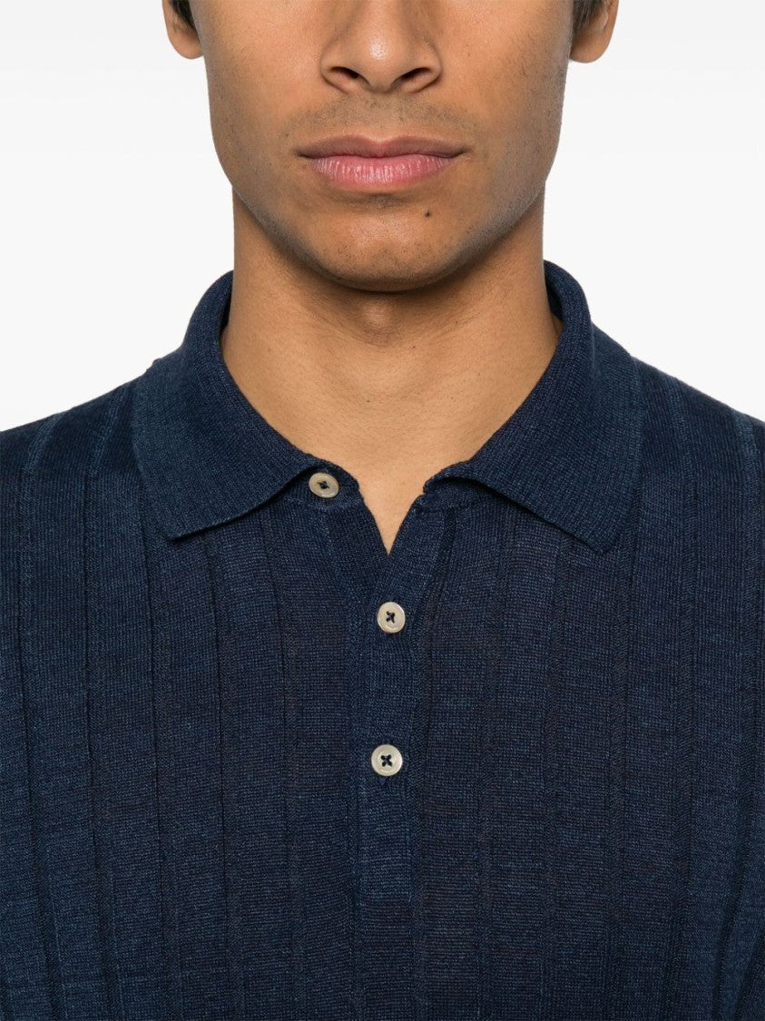 Boglioli Textured Ribbed Blue Polo With Classic Collar