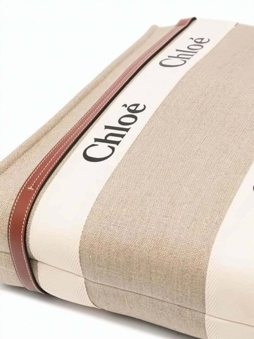 Chloé Structured Linen Tote Bag With Calf Leather Accents