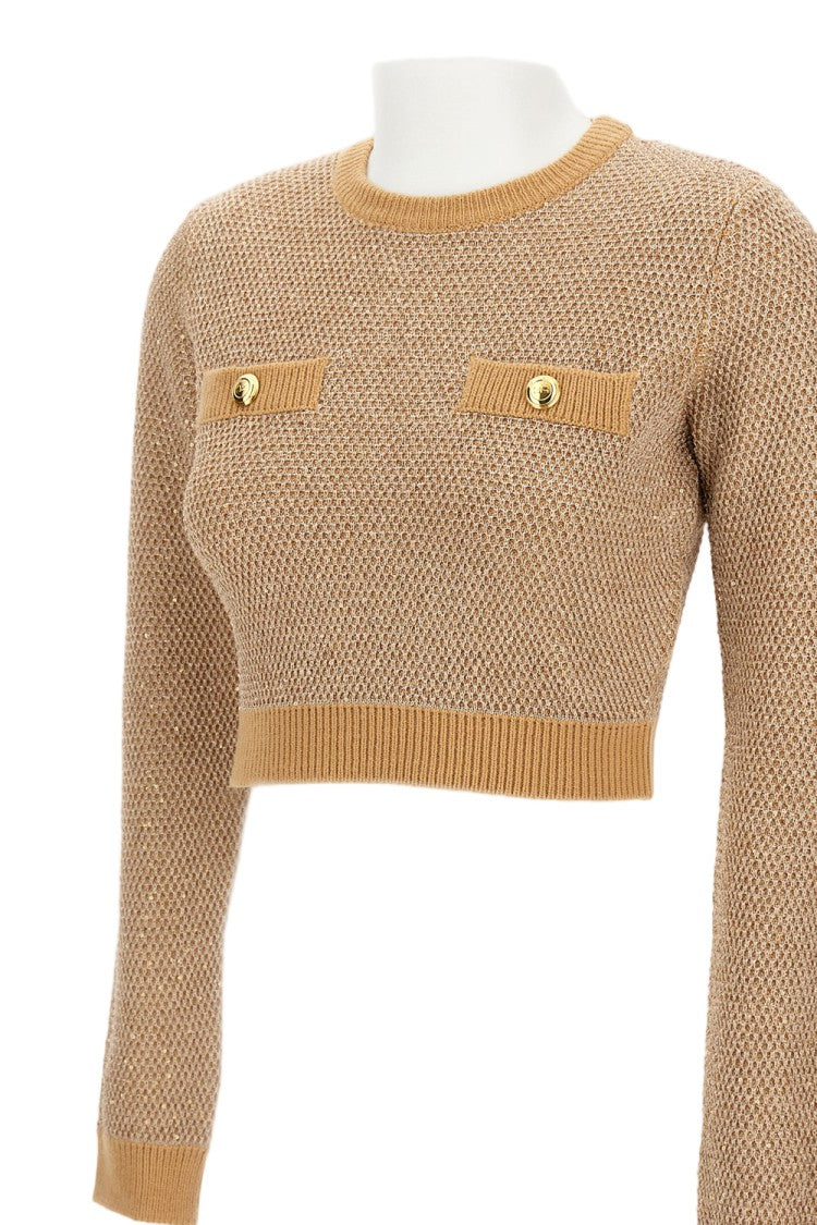 Elisabetta Franchi Cropped Textured Wool Sweater With Gold Button Details