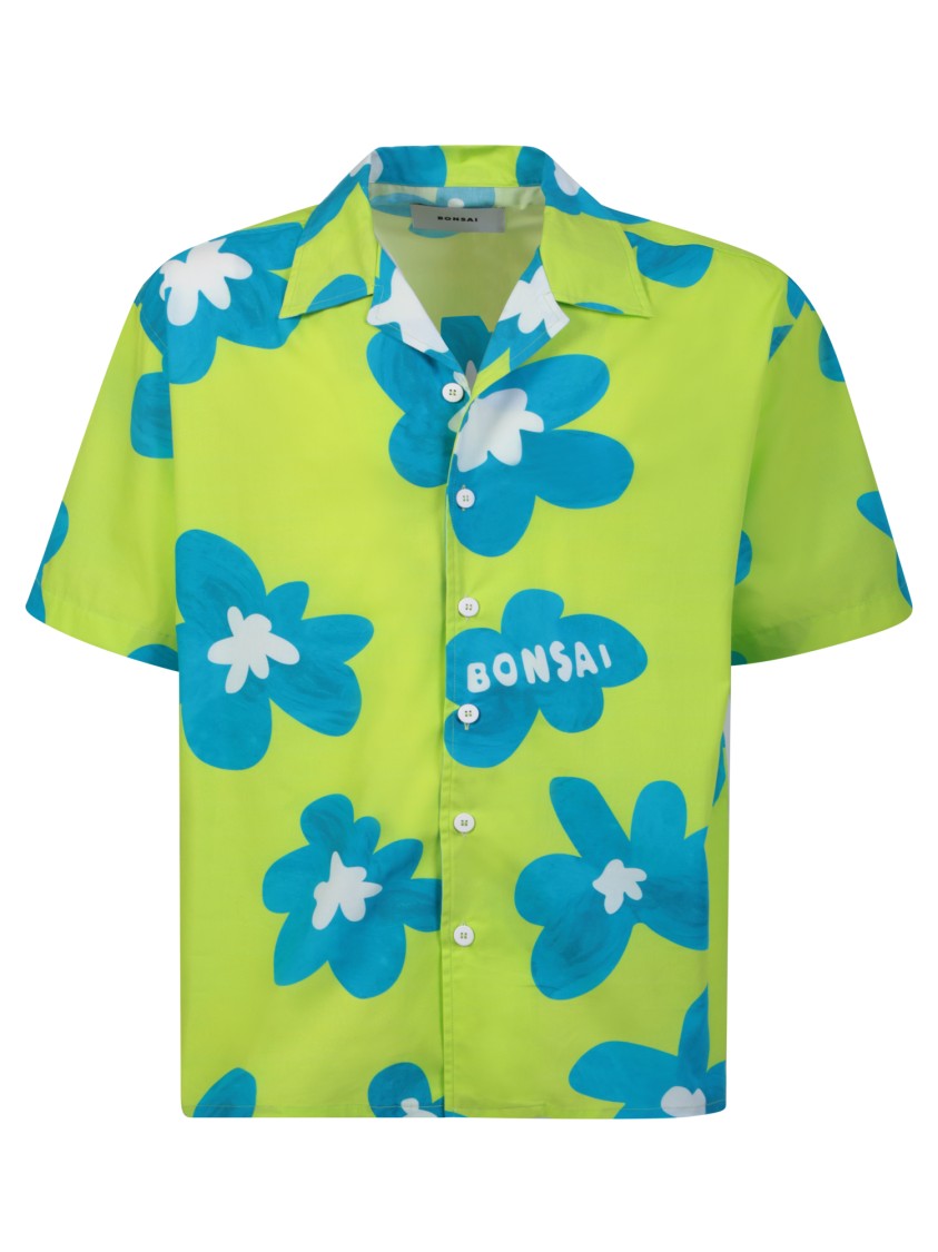 Bonsai Floral Print Lime Green/Blue Bowling Shirt