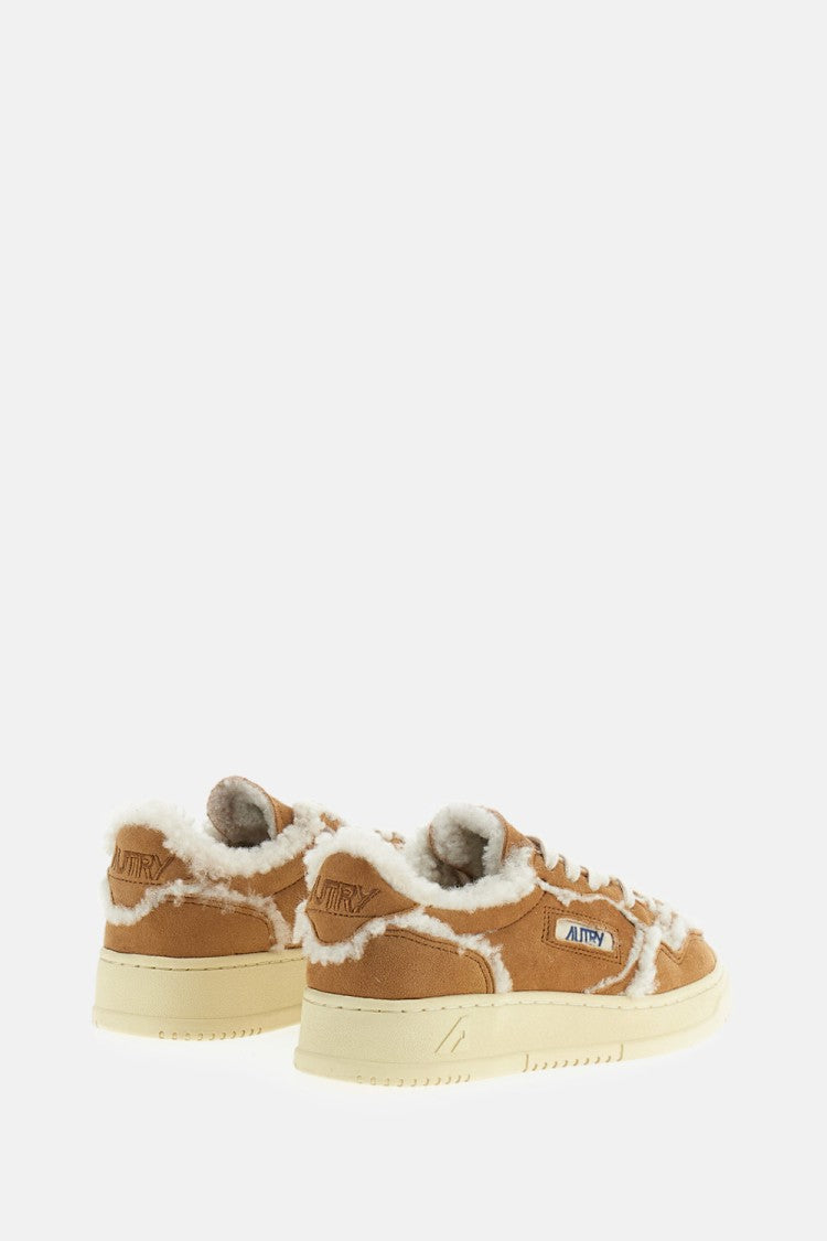 Autry Beige Cognac Medalist Low Suede Shearling Sneakers