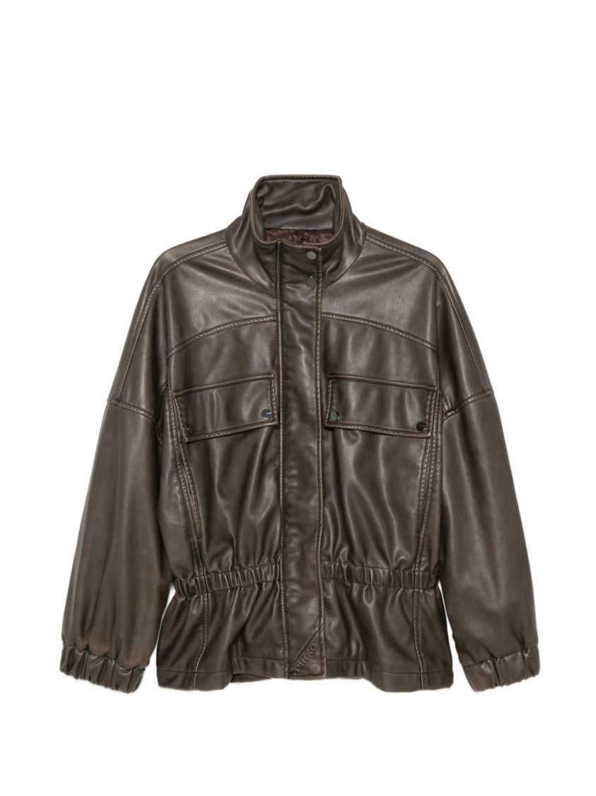 Pinko High Collar Relaxed Fit Smooth Leather Jacket