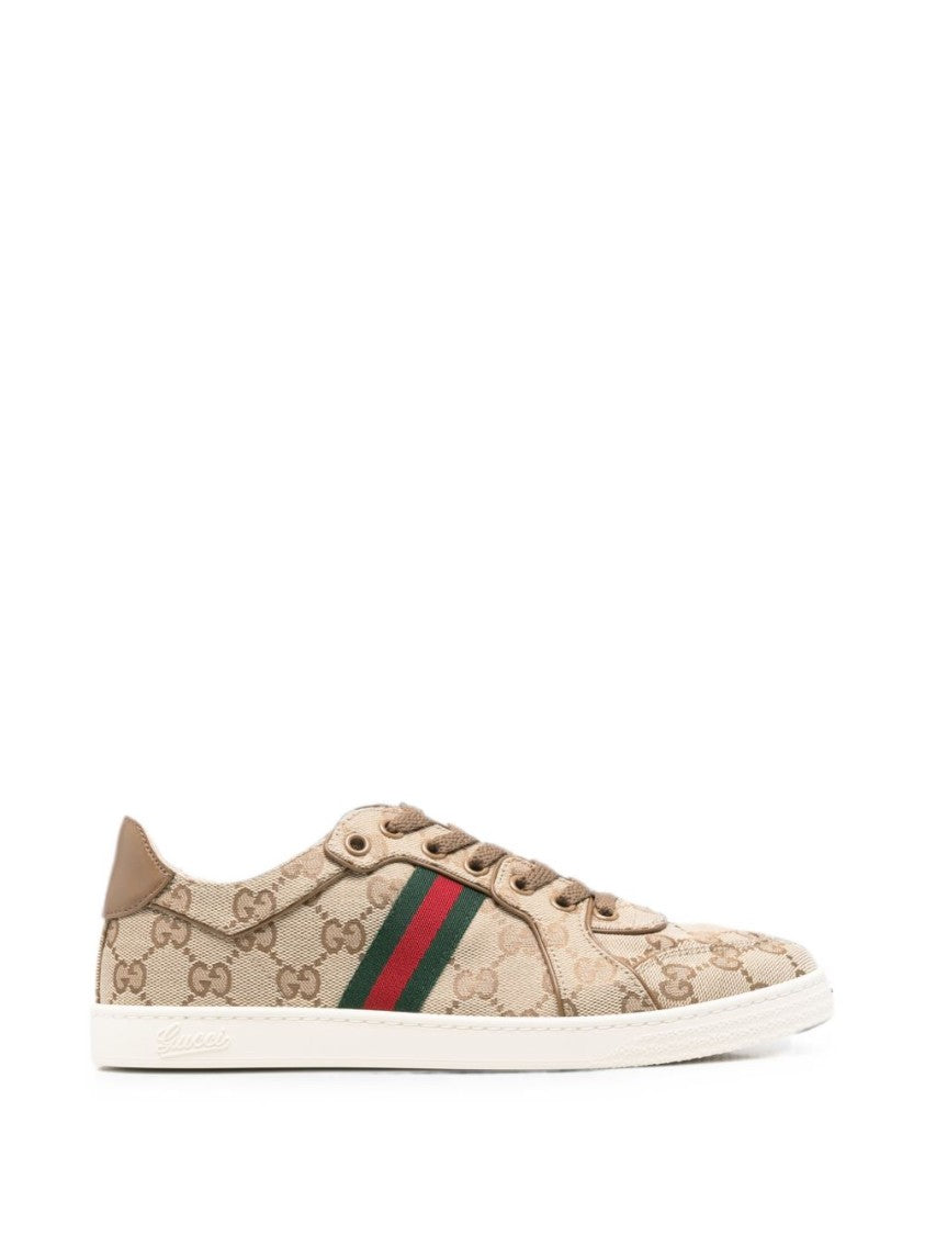 Gucci Beige Monogram Canvas Web Stripe Low-Top Sneakers