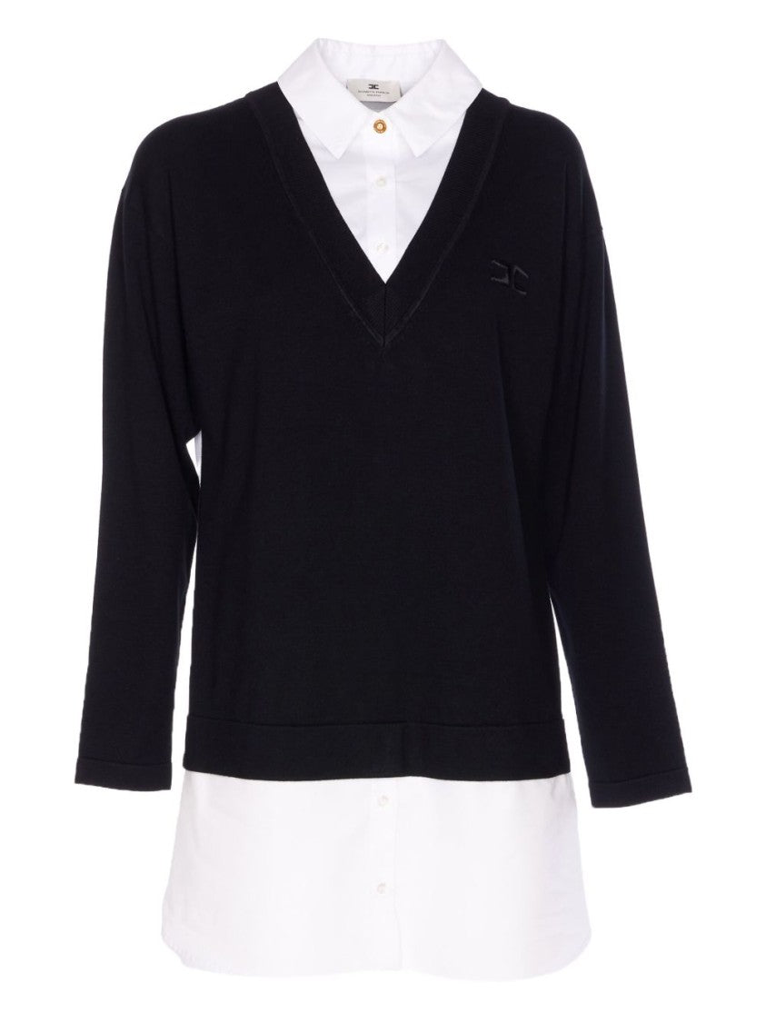 Elisabetta Franchi Layered Black Dress With V-Neck And Logo Detail