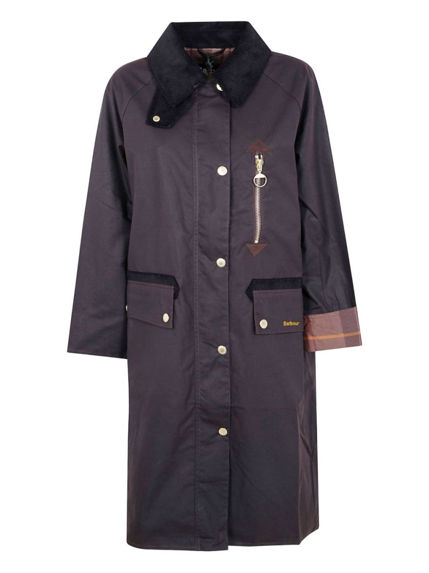 Barbour Brown Cotton Coat With Corduroy Collar And Tartan Details
