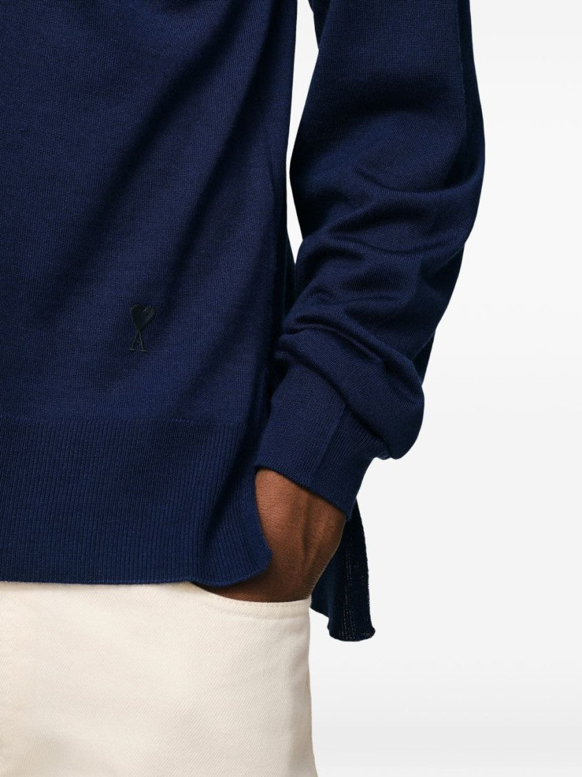 Ami Paris Ink Blue Ribbed Knit Logo Sweater