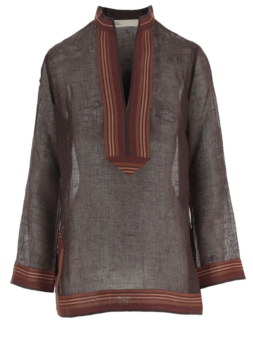 Tory Burch Semi-Transparent Linen Tunic With Mandarind Collar