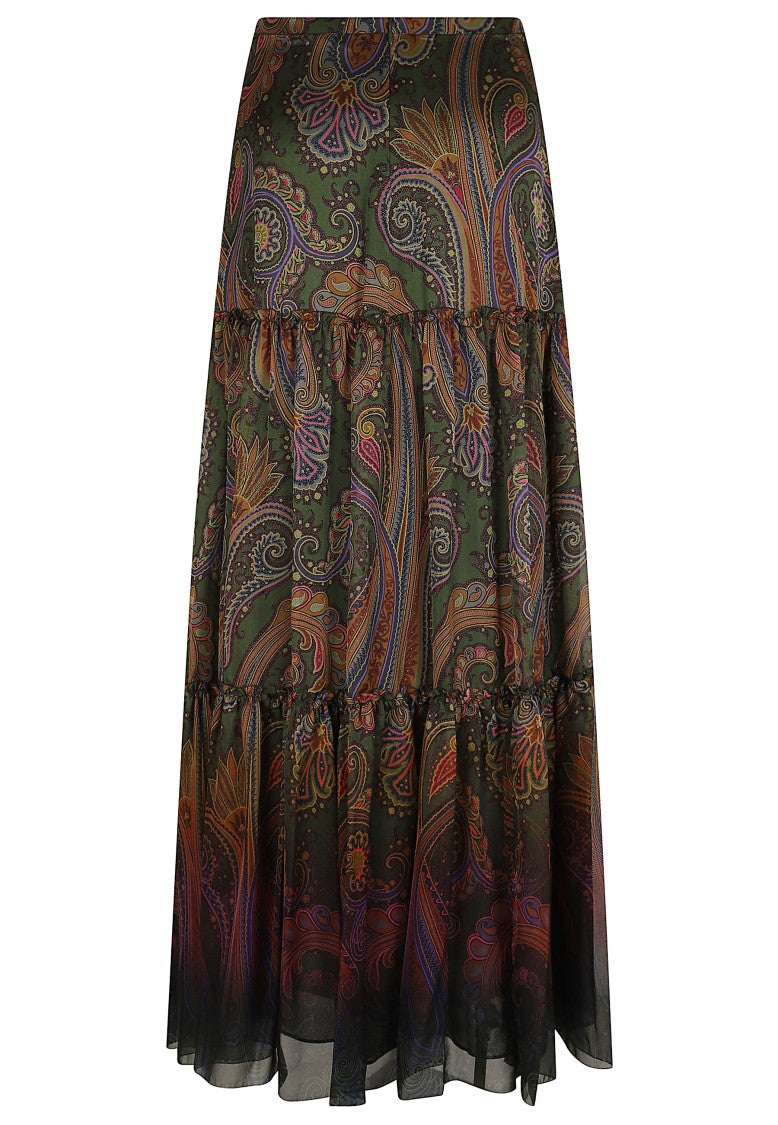 Etro Paisley-Patterned Long Silk Skirt With Ruffled Design