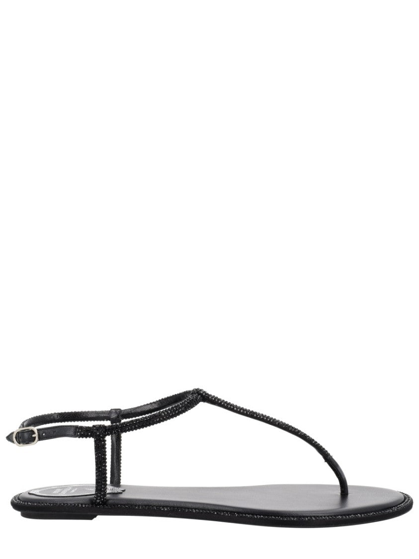 René Caovilla Minimalist T-Strap Embellished Sandals