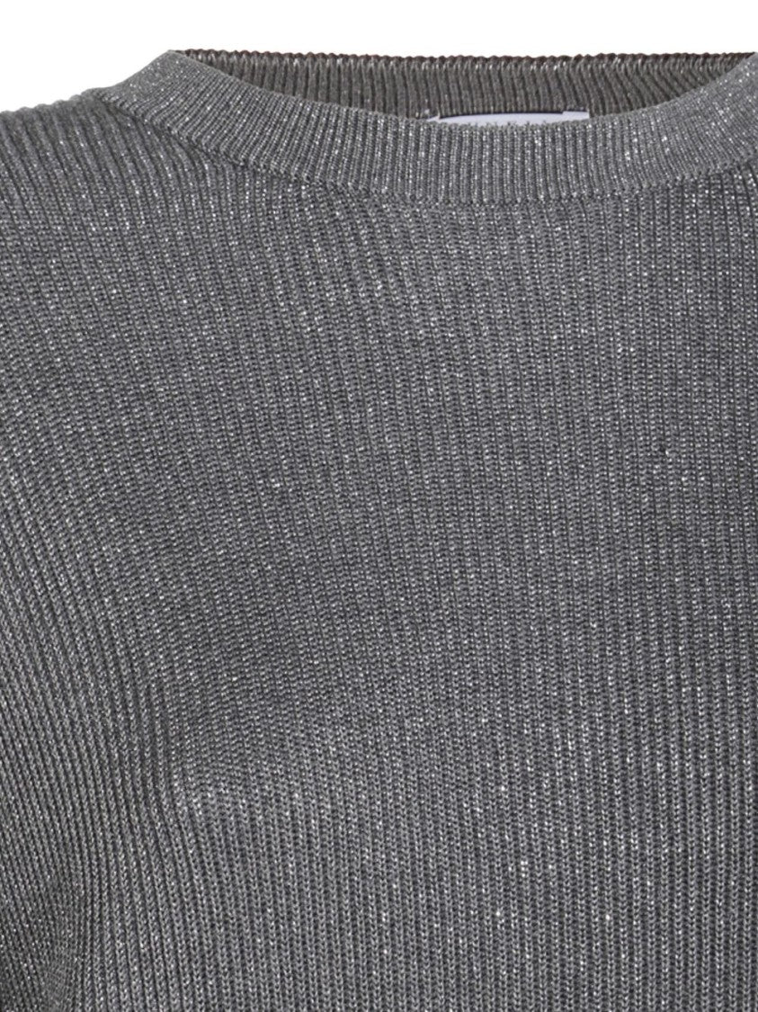 Brunello Cucinelli Relaxed Fit Grey Sweater With Subtle Shimmer And Ribbed Detailing