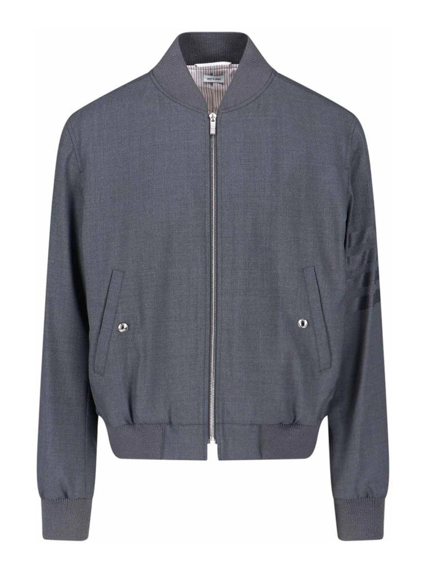 Thom Browne Structured Grey Wool Bomber Jacket With Ribbed Details