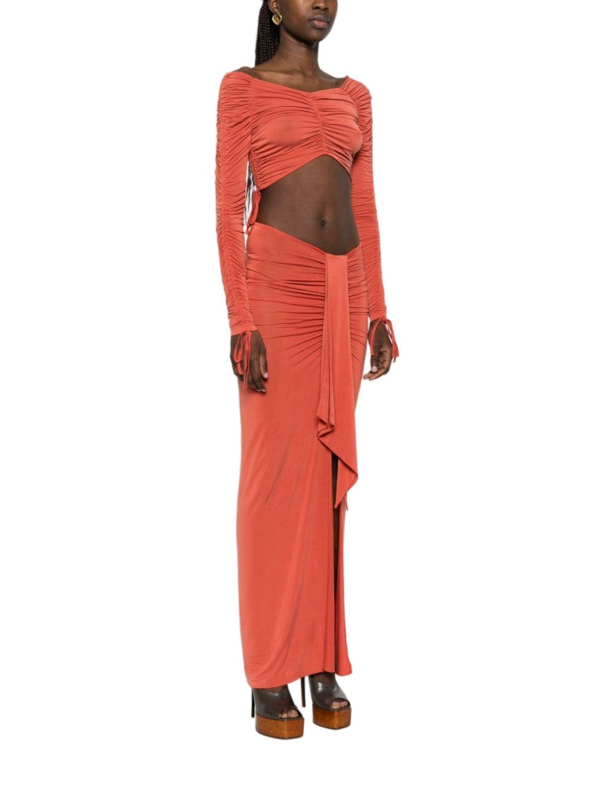 Balmain Orange Cropped Long Sleeve Ruching Top
