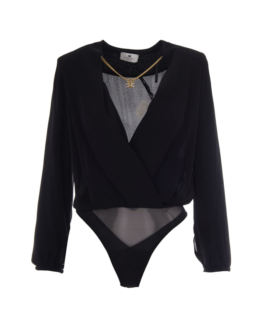 Elisabetta Franchi Long-Sleeved Georgette Bodysuit With Structured Shoulders And Pleated Detailing
