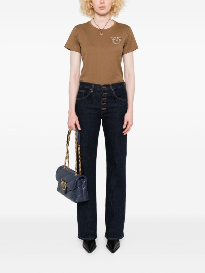 Pinko Cropped Brown Cotton T-Shirt With Decorative Emblem