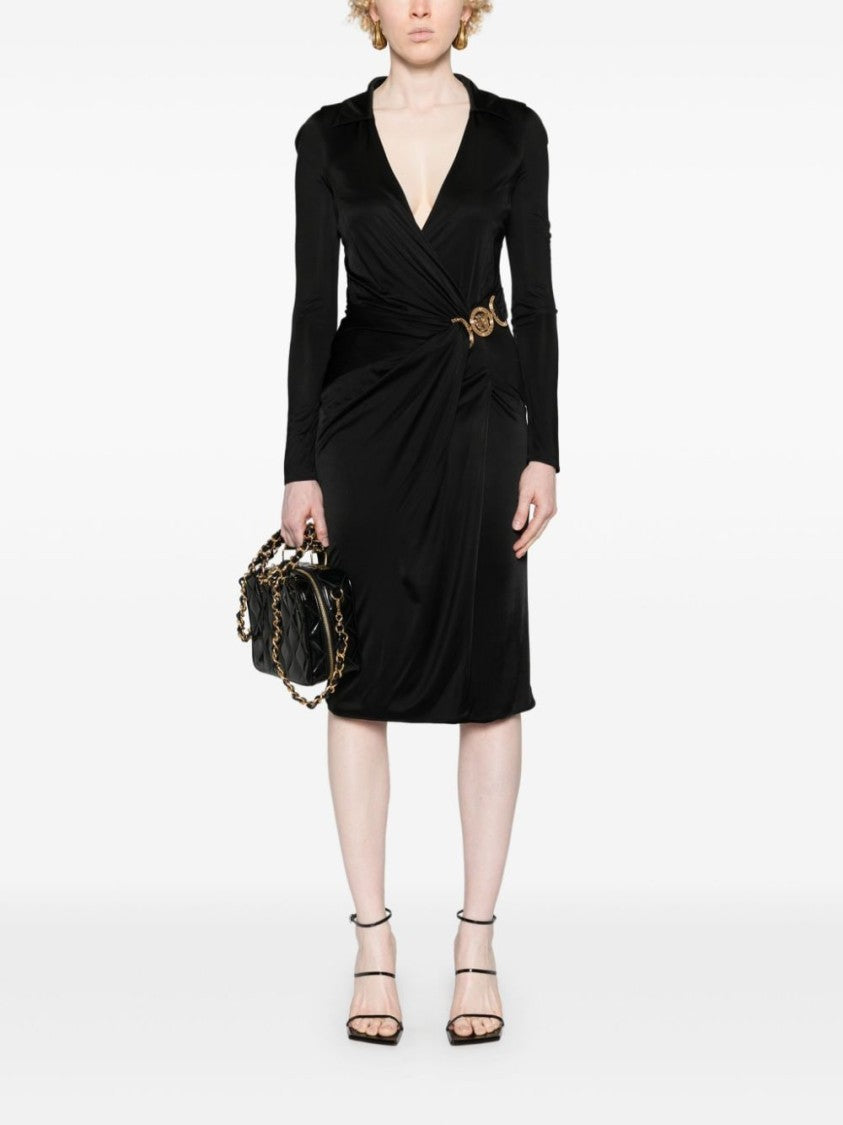 Versace Midi Dress With Gold Medusa Plaque And Ruches