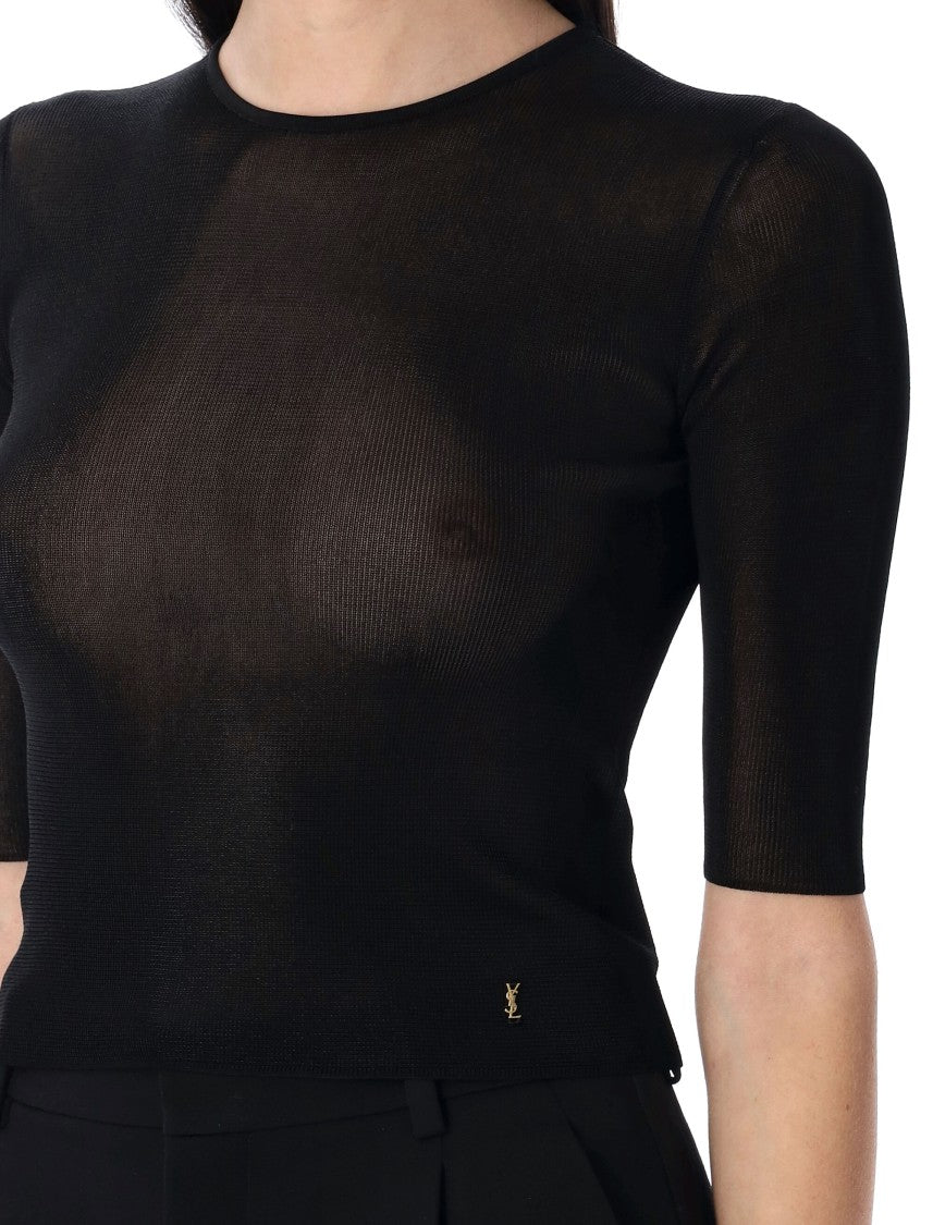 Saint Laurent Cassandre Semi-Sheer Black Knit Top