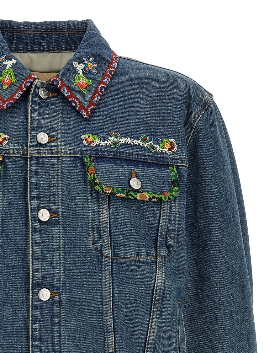 Valentino Garavani Beaded Embroidered Denim Jacket With Floral Piping