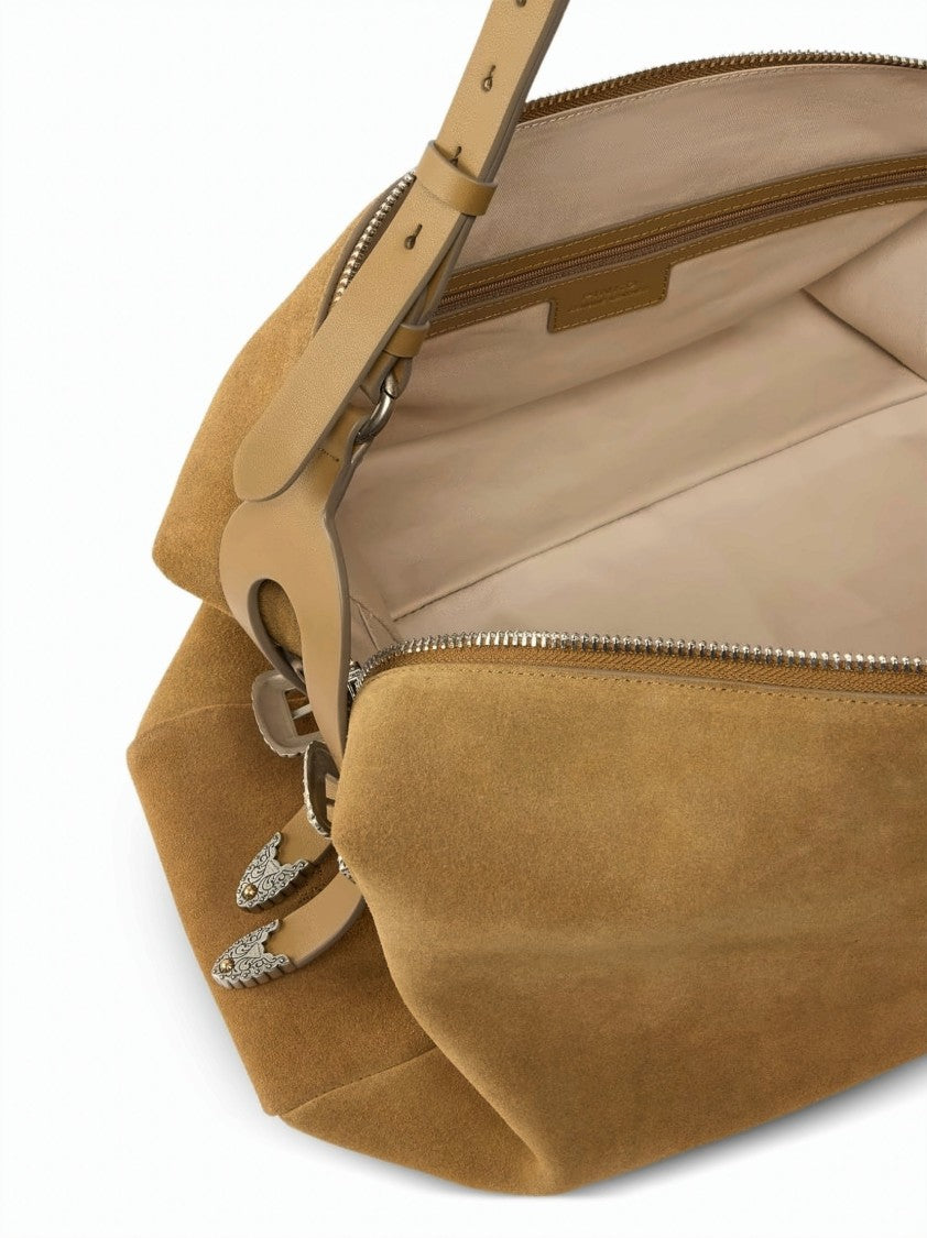 Pinko Beige Suede Decorative Buckle Shoulder Bag