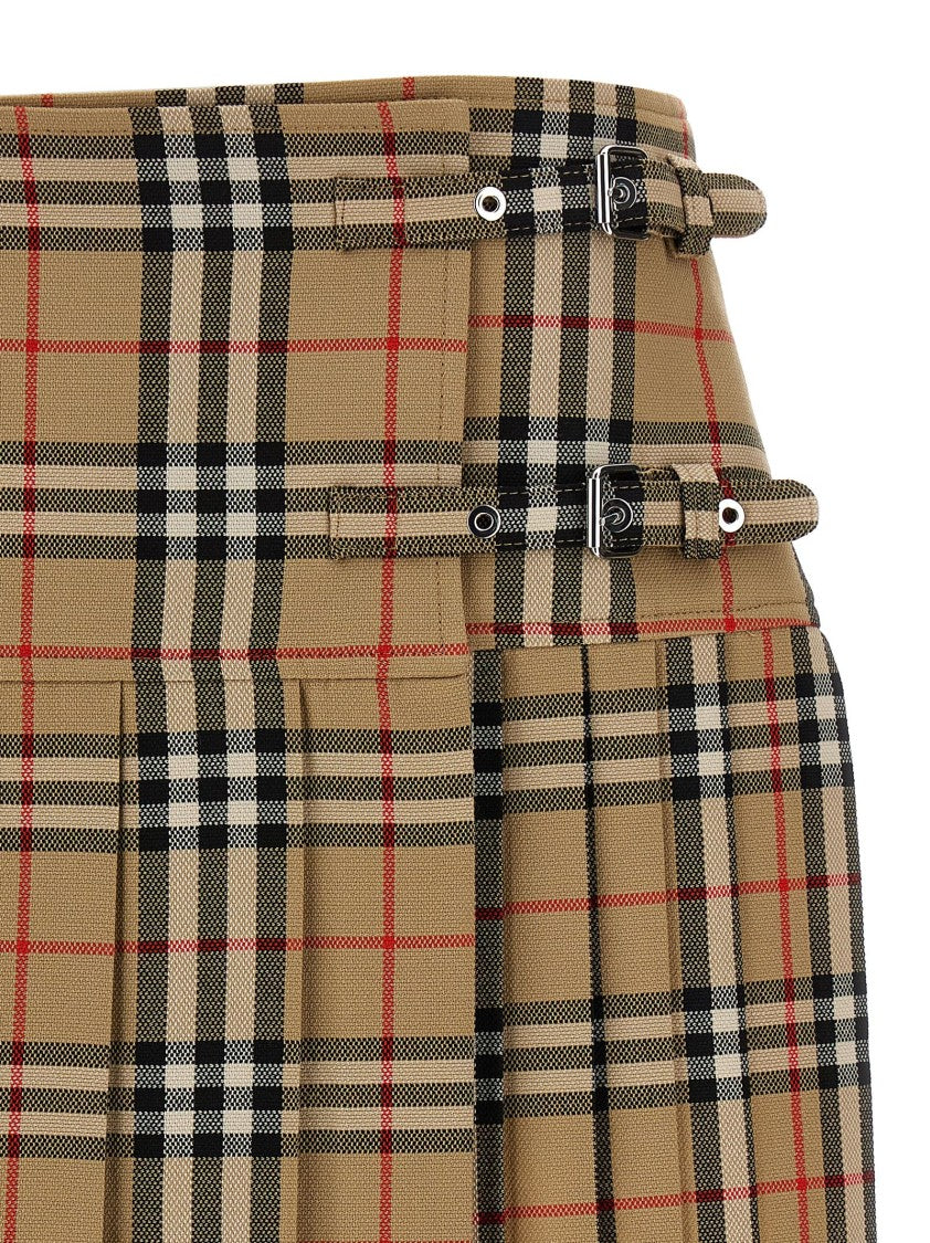 Burberry Kilt Pleated Mini Skirt With Frayed Hem And Adjustable Side Straps