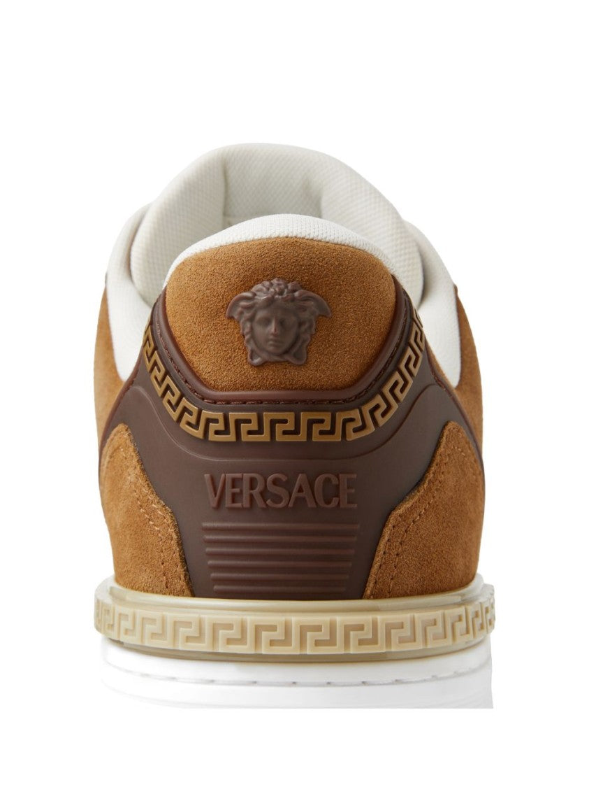 Versace Brown Suede Embossed Pattern Silk Nylon Sneakers