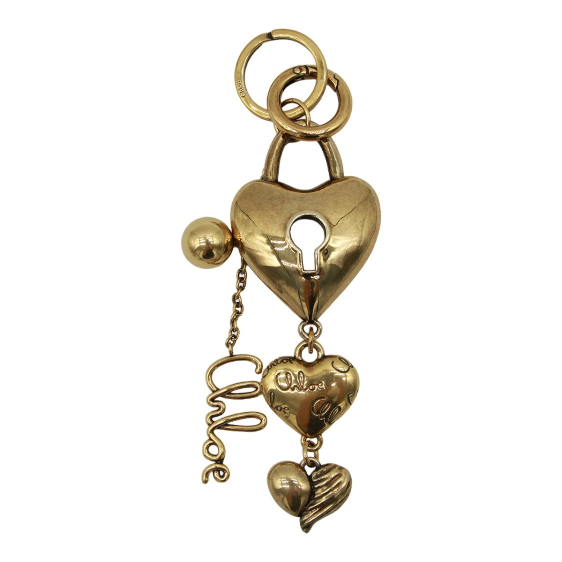 Chloé Heart-Shaped Padlock Gold-Tone Keychain With Intricate Charms