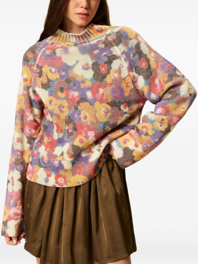 Twin-Set Multicolored Floral Patterned Sweater With Ribbed Crew Neckline