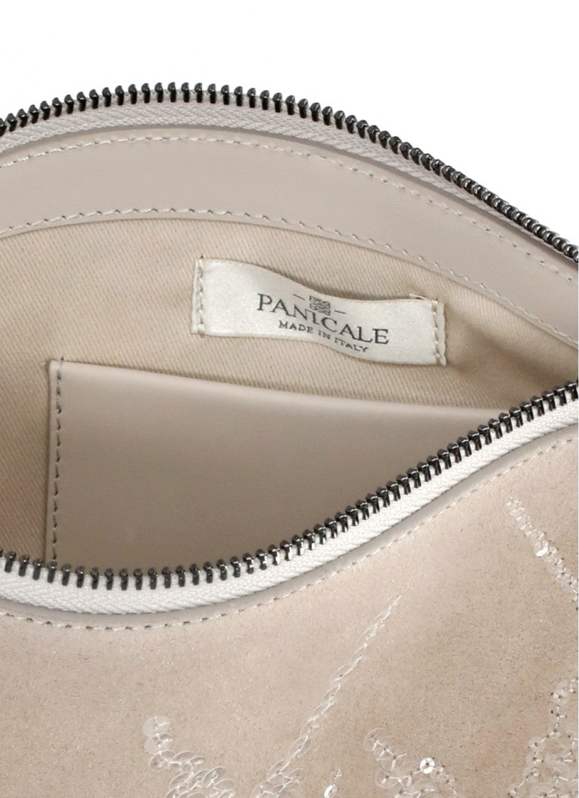 Panicale Rectangular Beige Leather Pochette With Geometric Sequin Design