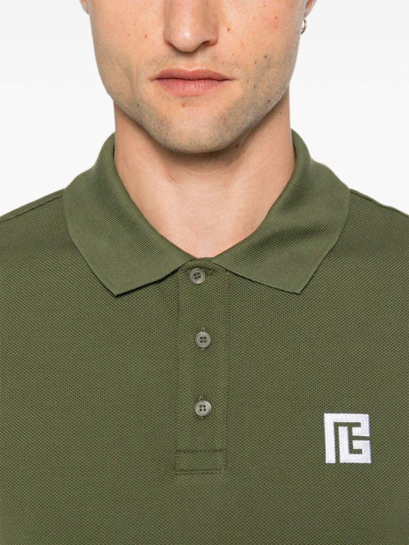 Balmain Khaki Green Piqué Weave Polo Shirt With Logo Patch