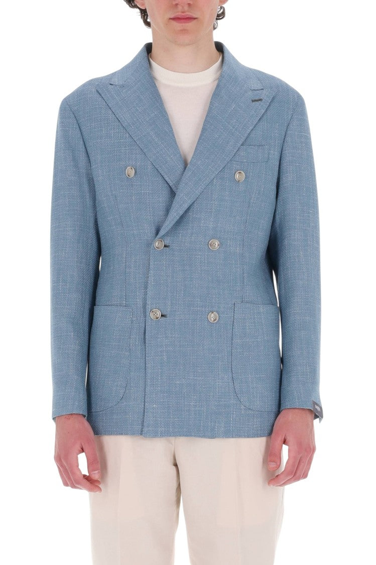 Barba Light Blue Double-Breasted Textured Blazer
