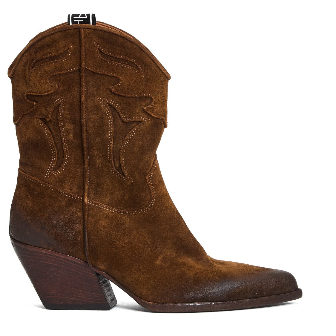 Elena Iachi Ankle-High Western Boots In Washed Cognac Suede