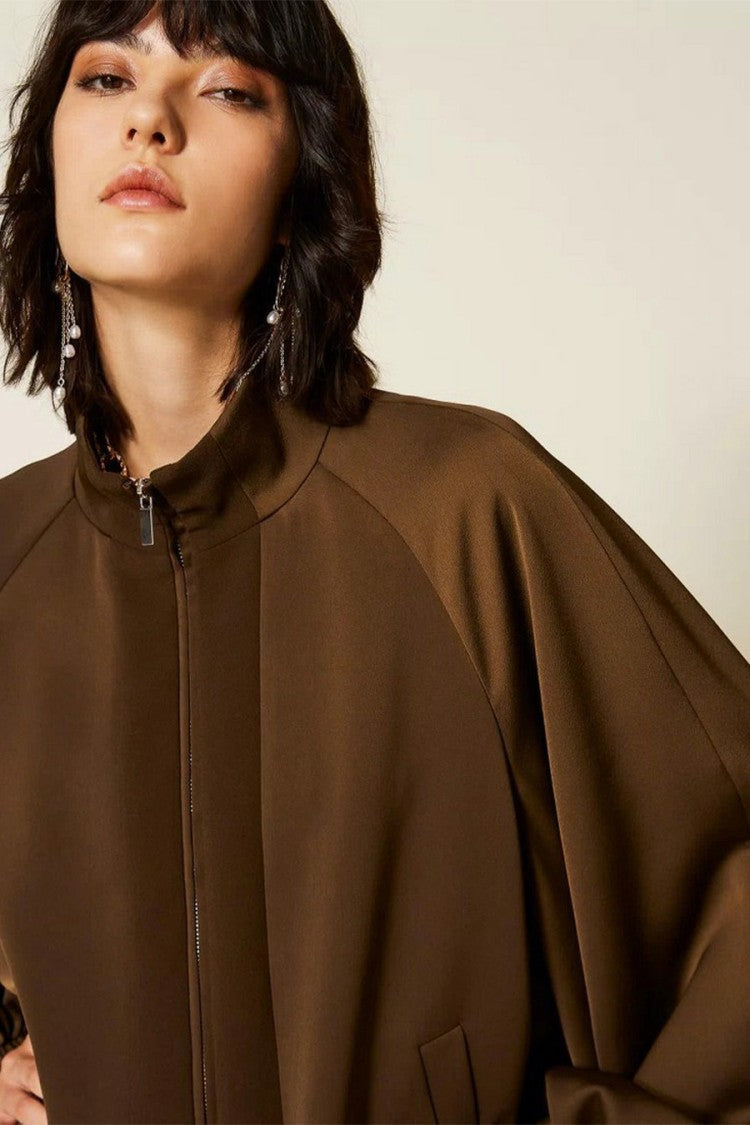Twin-Set Brown Stand Collar Balloon Sleeve Polyester Bomber Jacket