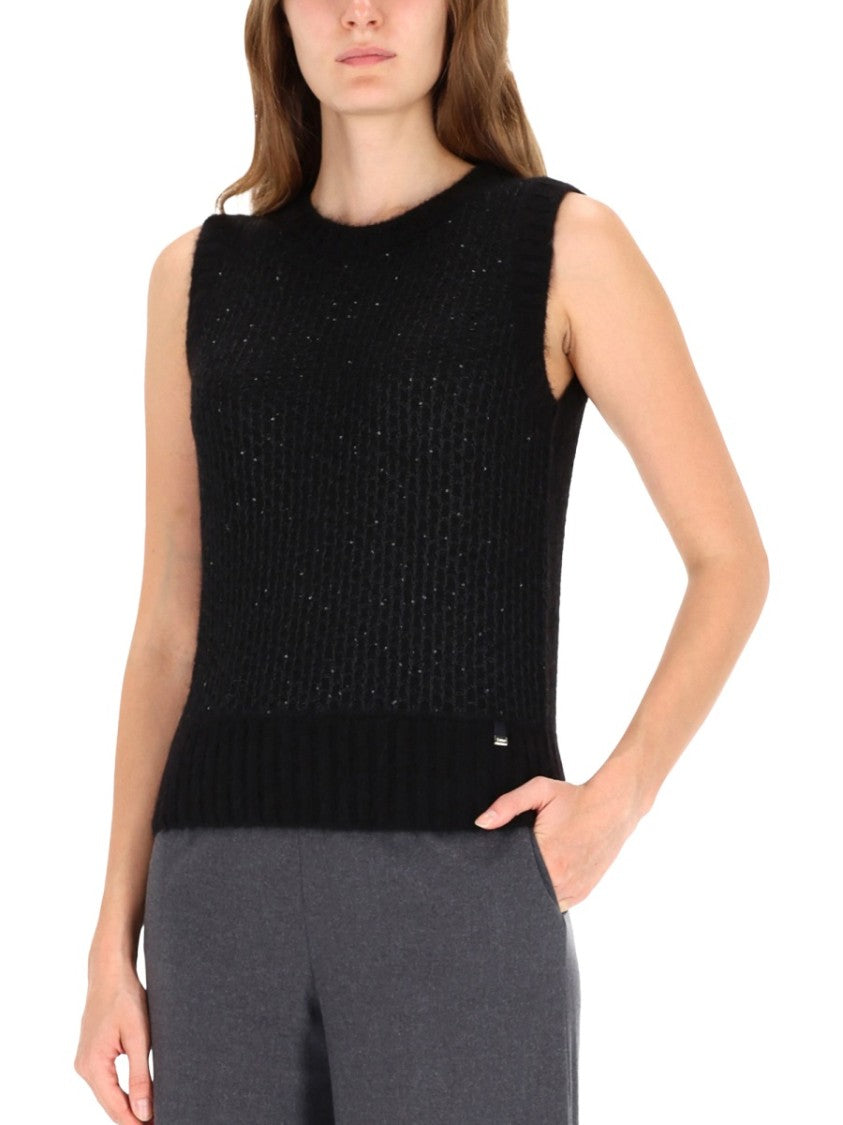 Herno Ribbed Knit Black Vest With Round Neckline