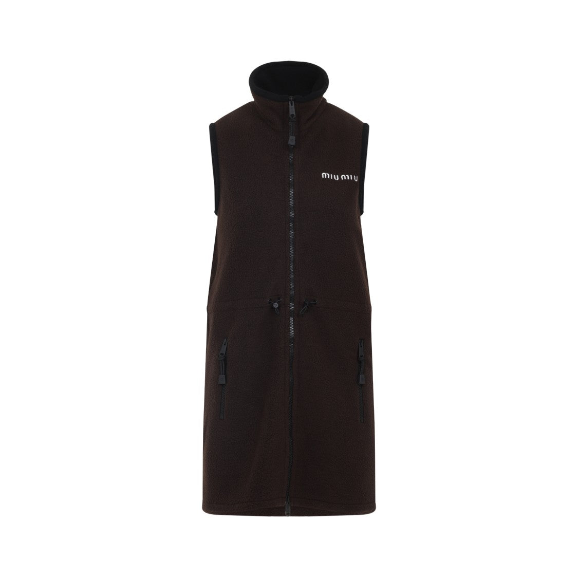 Miu Miu Ebony Brown Mini Dress With Stand-Up Collar And Embroidered Logo