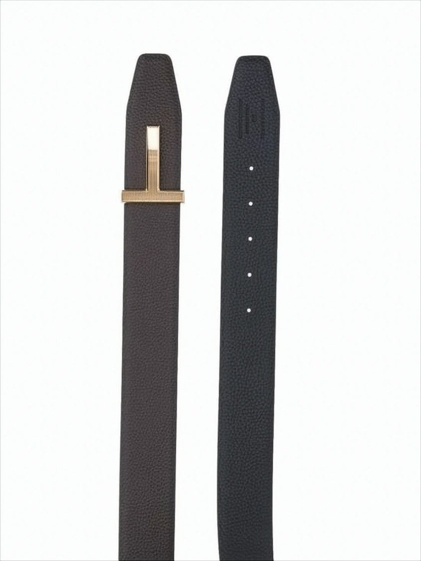 Tom Ford Textured Calfskin Leather Belt With T-Shaped Gold Buckle