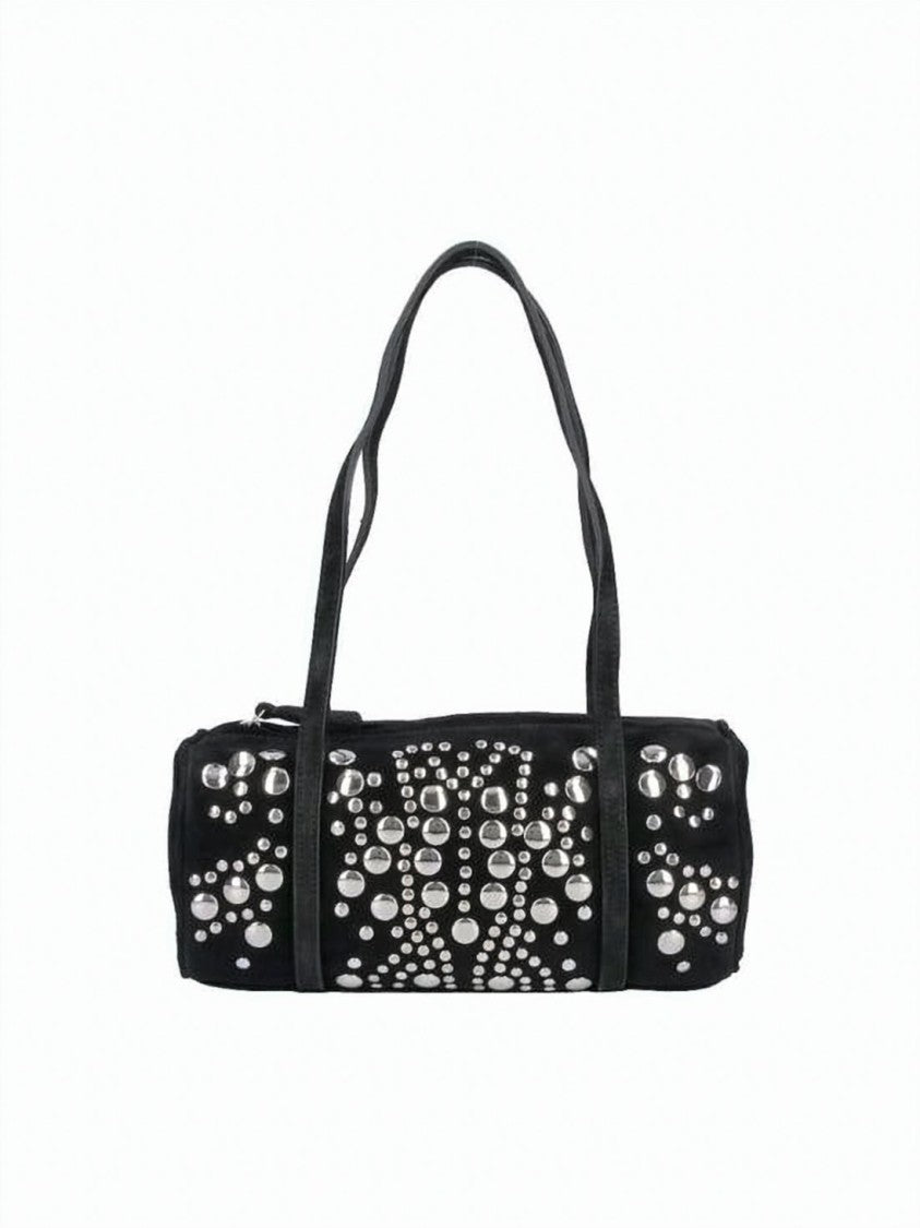 Gimaguas Black Studded Cylindrical Leather Shoulder Bag