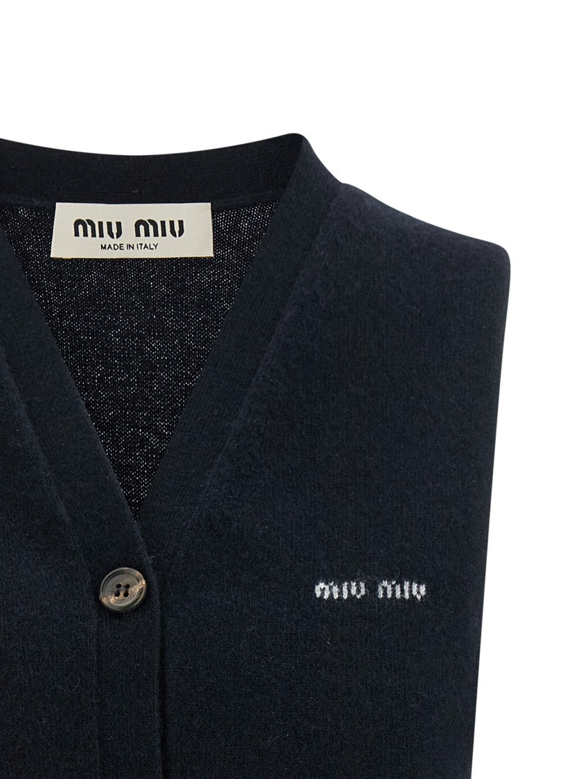 Miu Miu Shaved Cashmere Cardigan Vest With Asymmetrical Hem And Logo Intarsia