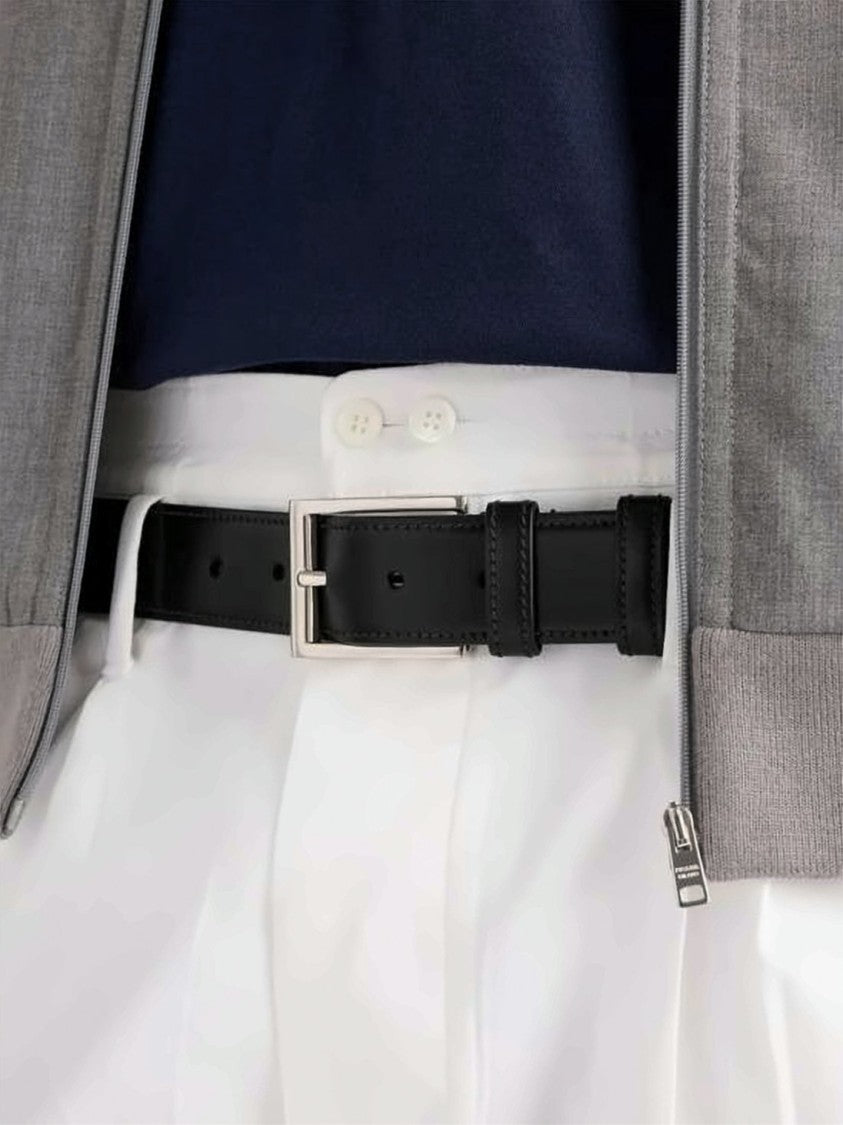 Prada Black Smooth Calf Leather Silver Buckle Belt