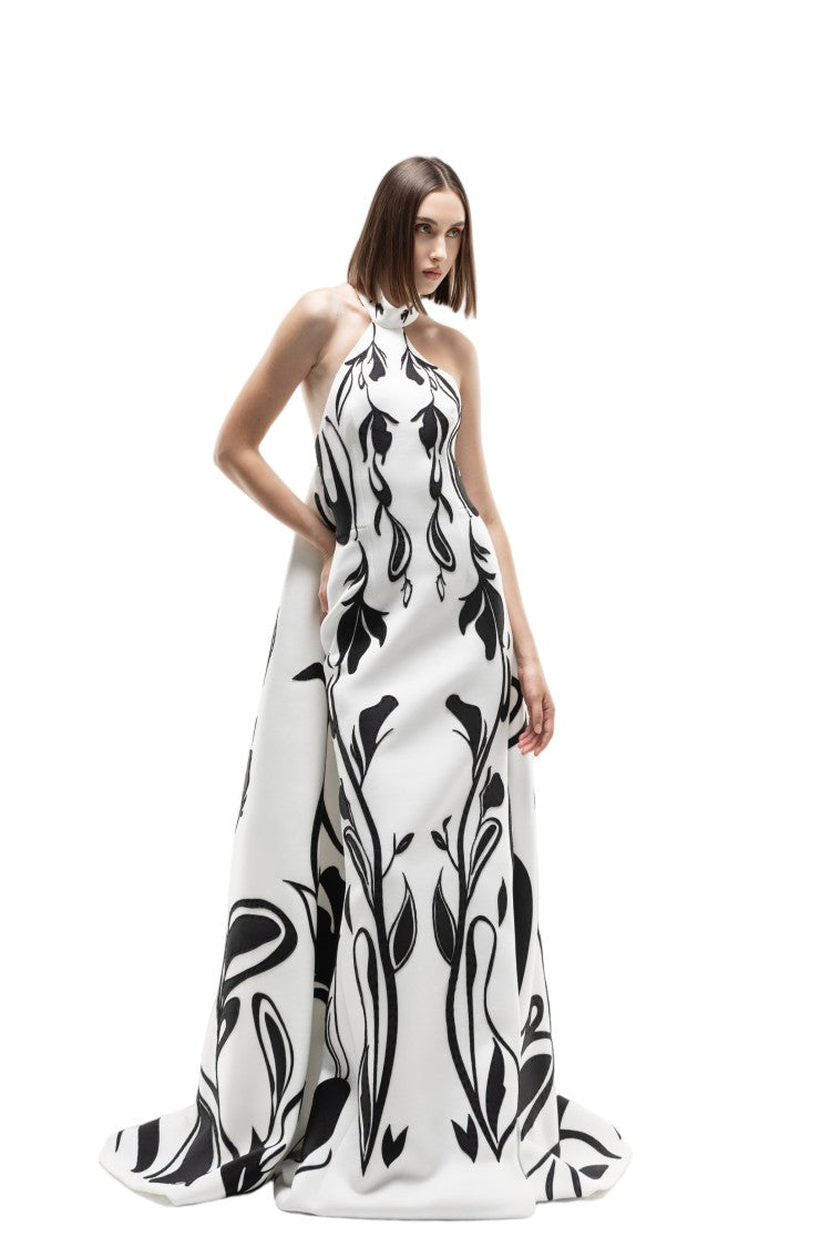 Saiid Kobeisy Laser Cut Scuba Halter Neck Dress With Bold Organic Motifs