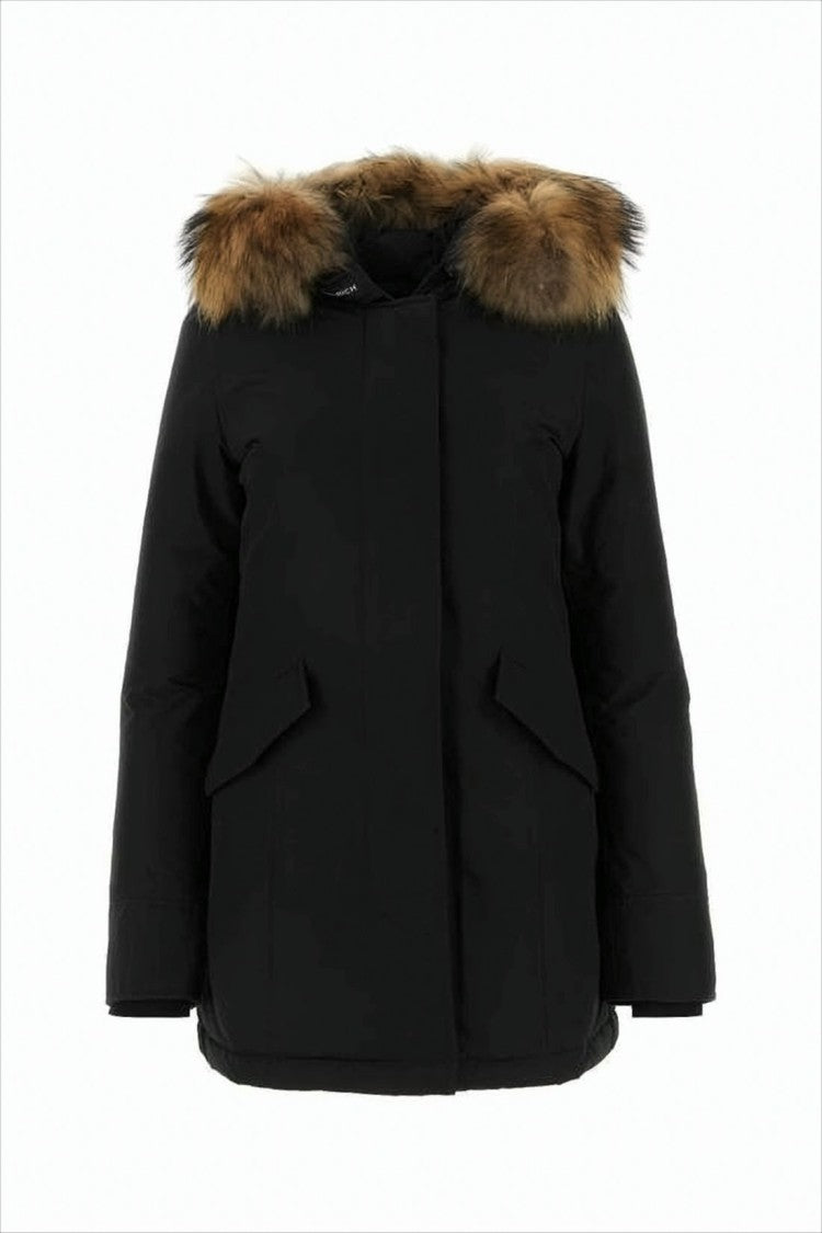 Woolrich Thick Insulated Black Down Coat With Fur-Trimmed Hood