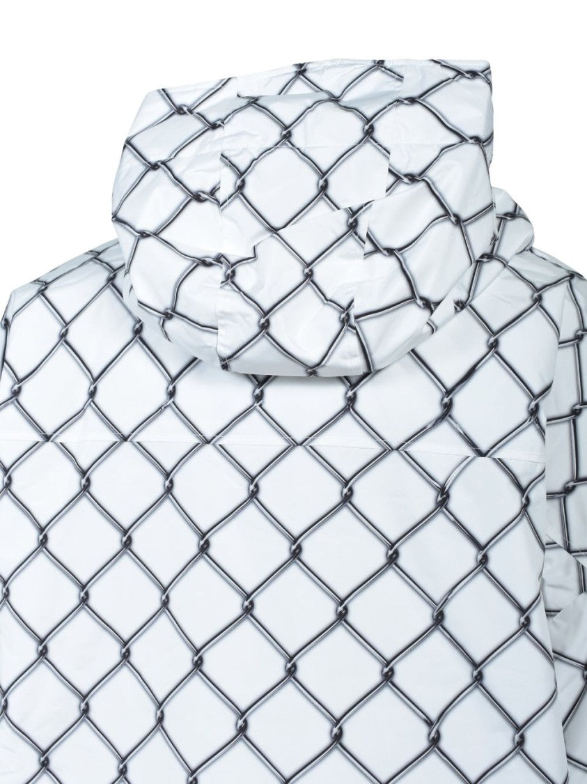 Napapijri Boxy White Jacket With Black Chain-Link Pattern And Hood