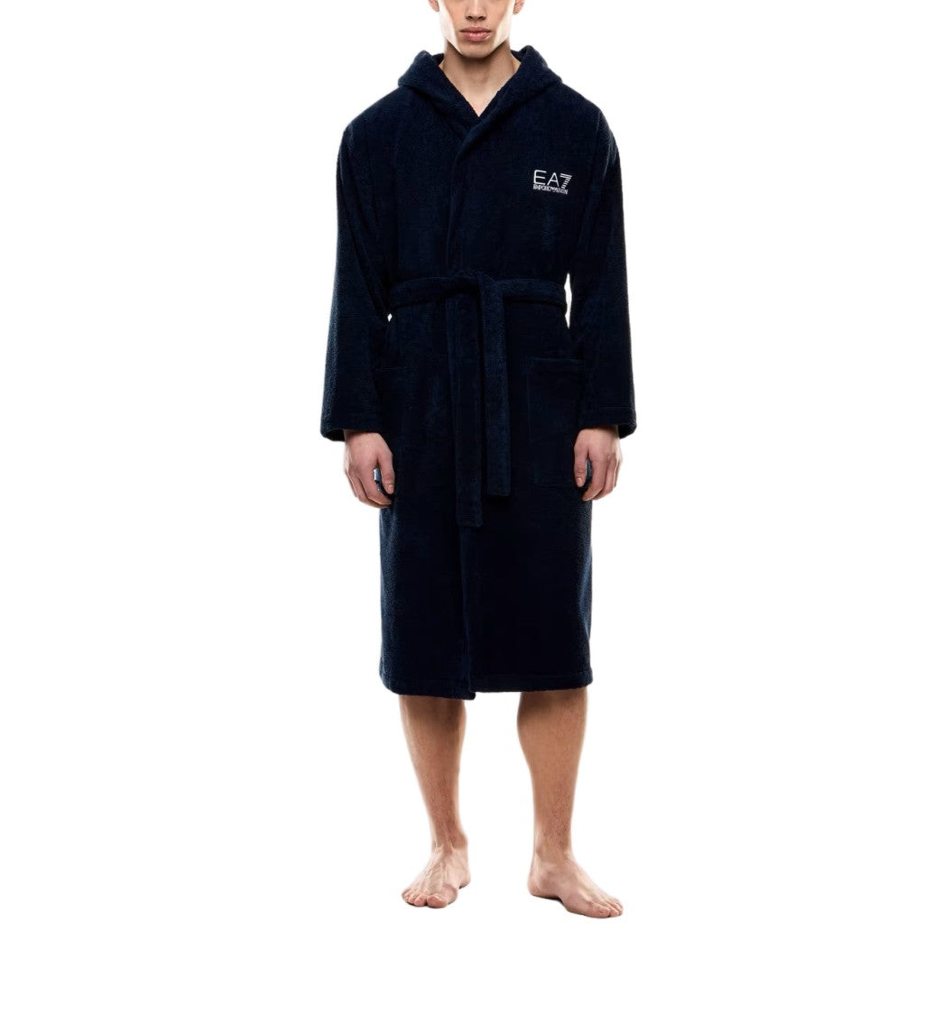 Emporio Armani Armani Blue Cotton Bathrobe With Fixed Hood