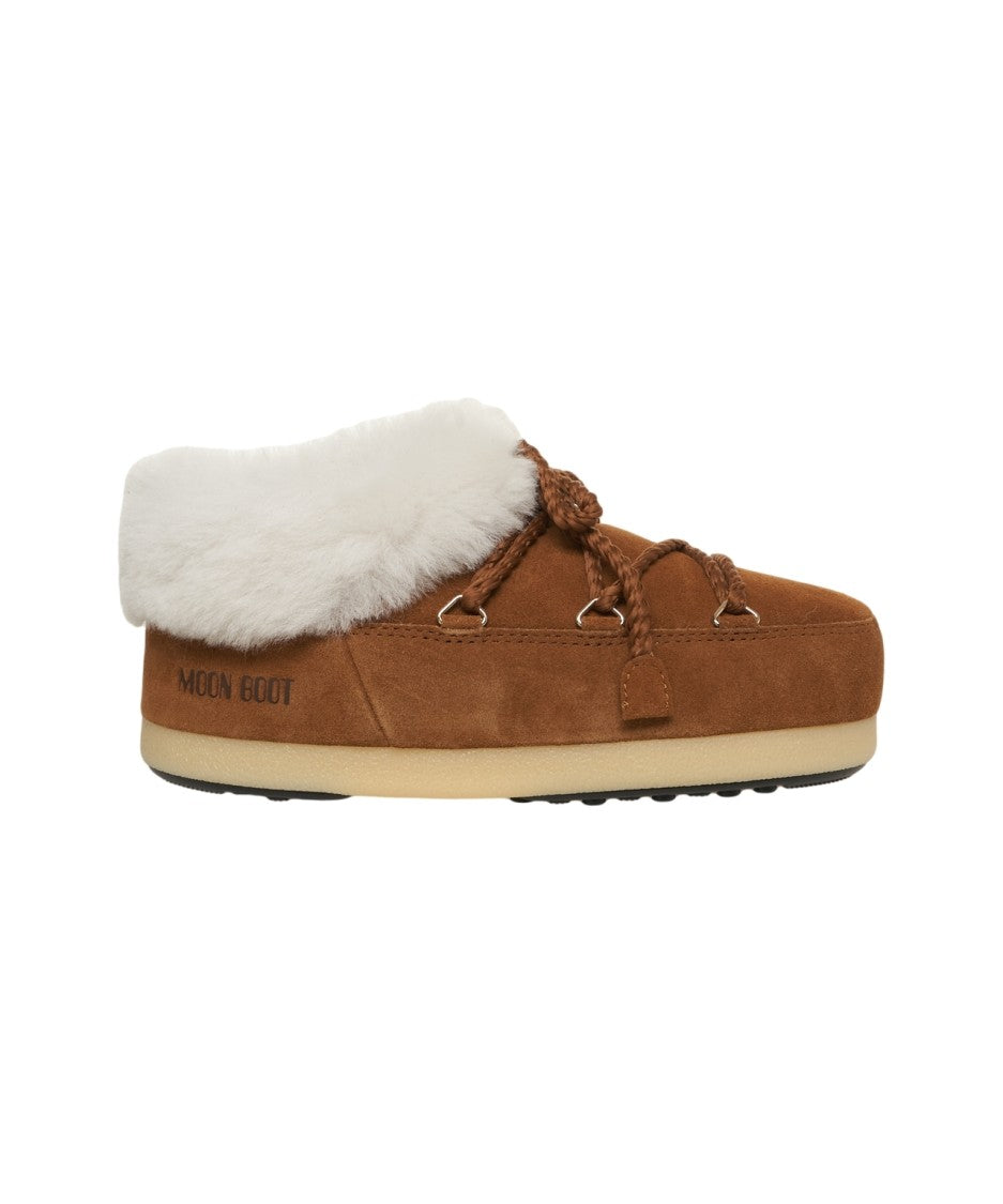 Moon Boot Suede Mules With Braided Lace Detail And Plush Fur Collar