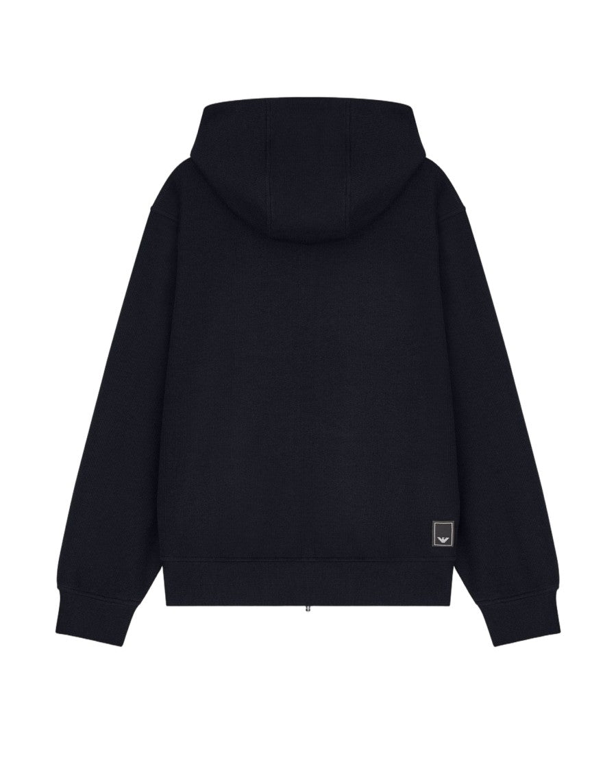 Emporio Armani Interlock-Lined Hooded Sweatshirt With Navy Stripe Jacquard Texture