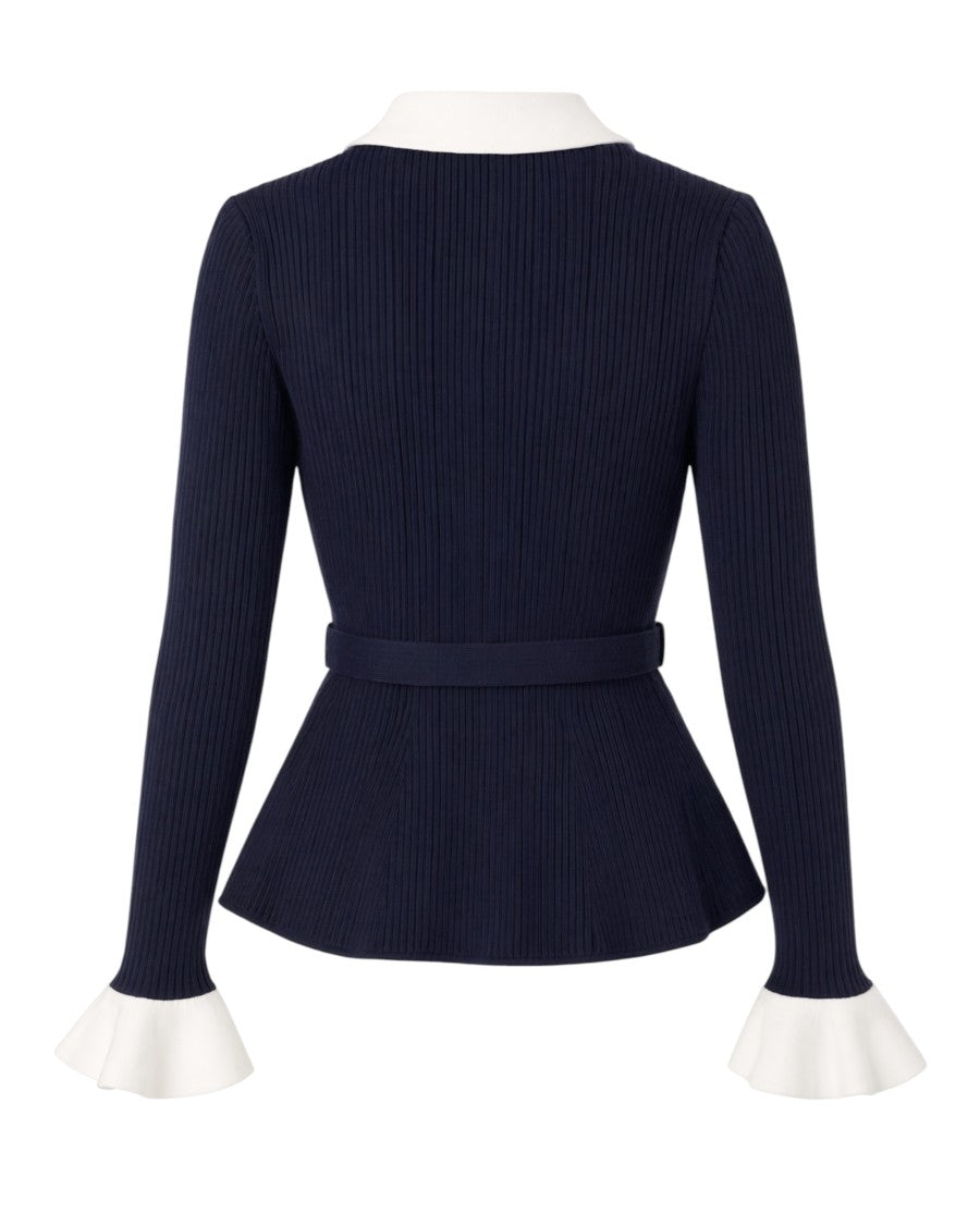 Self-Portrait Ribbed Knit Cardigan With Contrast Collar And Pearl Accents