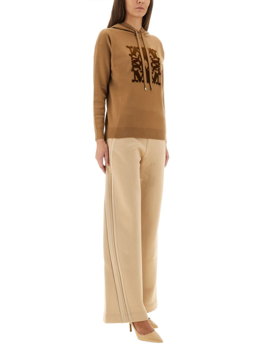 Max Mara Hooded Sweater In Camel Virgin Wool With Textured Logo