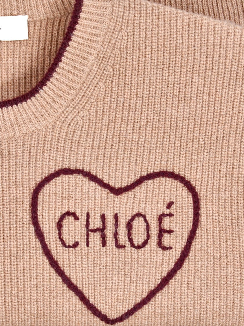 Chloé Cropped Wool And Cashmere Knit Sweater With Intarsia Logo