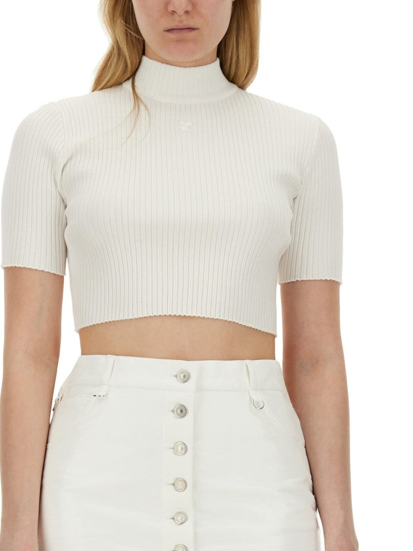 Courrèges Ribbed Fitted White Crop Top