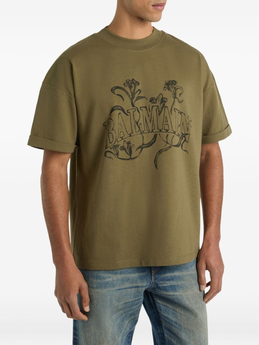 Balmain Olive Green Boxy-Fit Floral T-Shirt