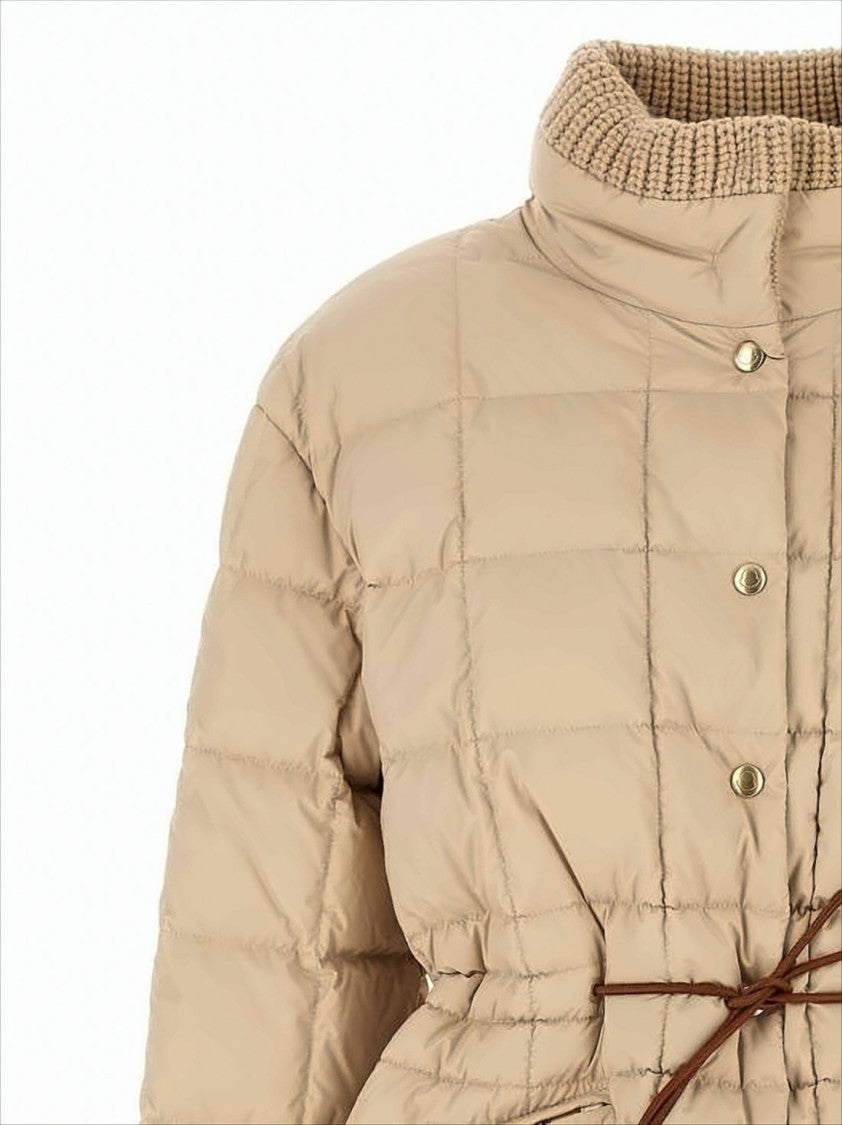 Moncler Quilted Down Coat With High Collar And Cinched Waist