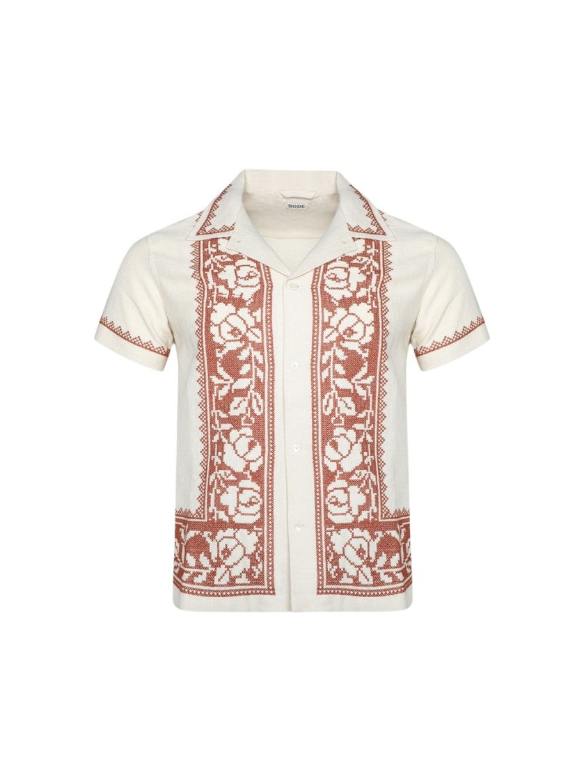Bode Cross Stitched Rose Garland Shirt